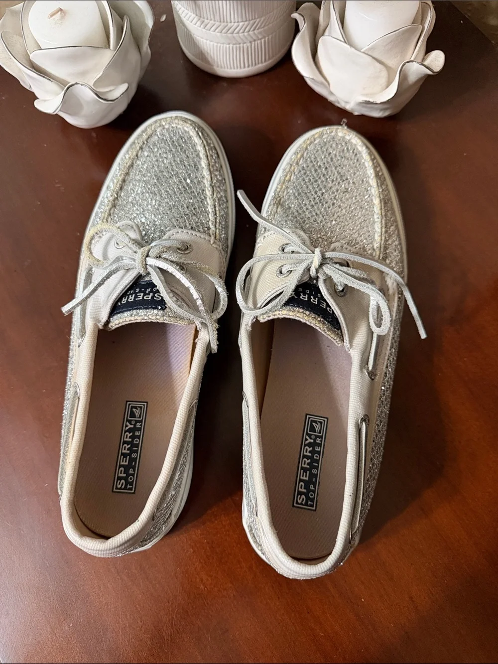 Sperry Topsiders Size 8.5M Metallic Silver Glitter Boat Shoes
